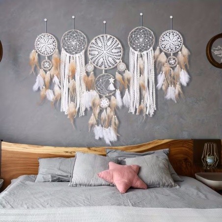 Set of 5 light brown and white dreamcatchers with multiple rings – stylish boho wall decoration