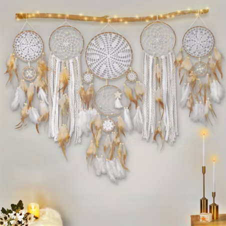 Set da 5 acchiappasogni beige chiaro e bianchi con più anelli – elegante decorazione murale in stile boho
