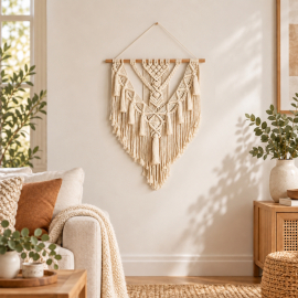 Tapisserie macramé gris beige nouée main Aïda