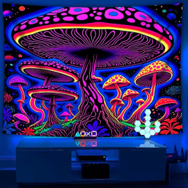 XXL Wall Tapestry with Psychedelic Neon Mushrooms