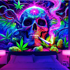 XXL Schwarzlicht Wandtuch mit Totenkopf in Neonfarben