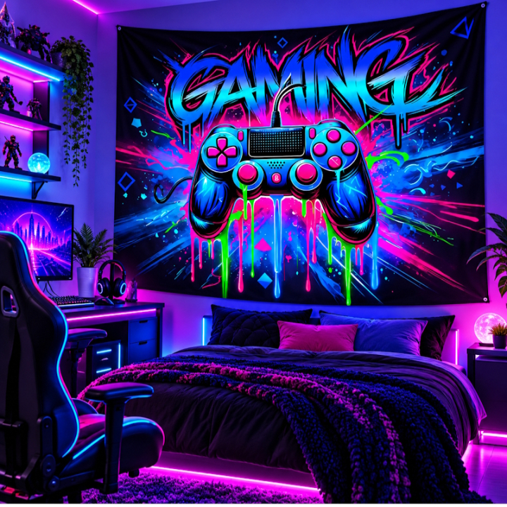 Arazzo da parete XXL gaming UV con joypad neon