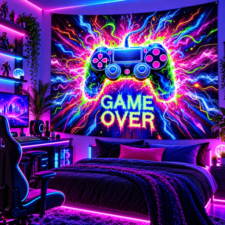 Tenture murale XXL gaming UV avec manette néon